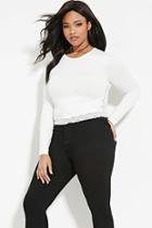 Forever21 Plus Women's  Ivory Plus Size Lace-trimmed Boxy Top