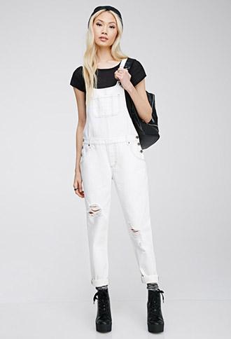 Forever21 Distressed Bib Overalls White X-small