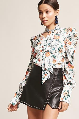 Forever21 Floral Pussycat Bow Top