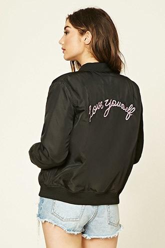 Forever21 Women's  Black & Pink Love Yourself Bomber Jacket