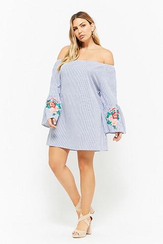 Forever21 Plus Size Pinstriped Embroidered Floral Mini Dress
