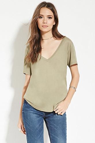 Love21 Women's  Light Olive Contemporary V-neck Tee