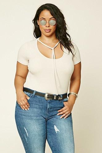 Forever21 Plus Women's  Beige Plus Size Self-tie Tee