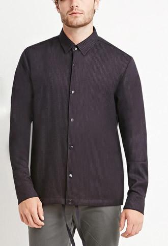 21 Men Collared Pinstripe Drawstring Shirt