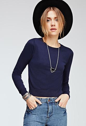 Forever21 Classic Cropped Sweater Navy Small