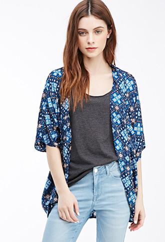 Forever21 Women's  Navy & Grey Abstract Print Dolman Cardigan