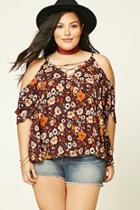 Forever21 Plus Women's  Burgundy & Peach Plus Size Floral Lace-up Top