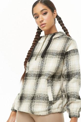 Forever21 Brushed Plaid Half-zip Hoodie