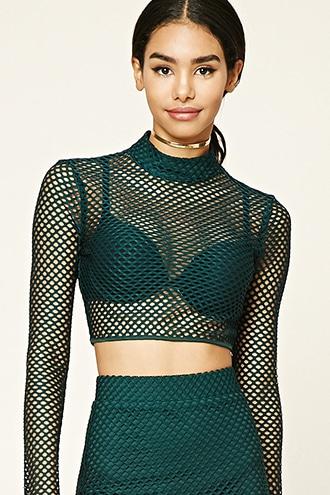 Forever21 Women's  Hunter Green Open-mesh Crop Top