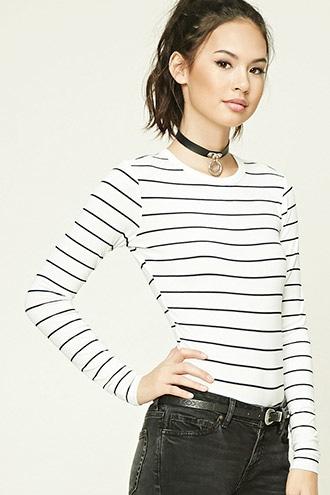 Forever21 Women's  Cream & Black Striped Knit Bodysuit