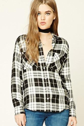 Forever21 Women's  Cream & Black Plaid Button-front Shirt
