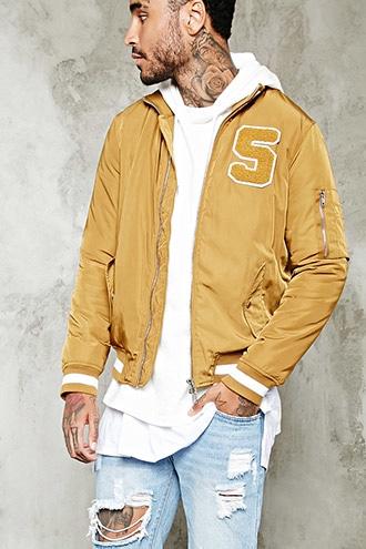 21 Men Men's  Gold 5 Patch Varsity Bomber Jacket