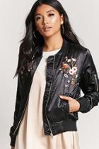 Forever21 Satin Embroidered Floral Bomber Jacket