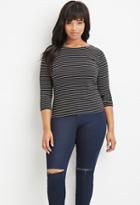Forever21 Plus Women's  Black & Taupe Plus Size Boat-neck Micro-striped Top