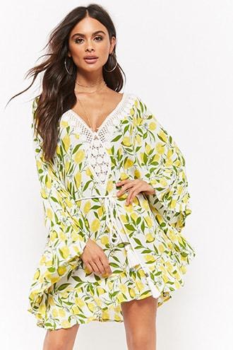 Forever21 Amale Lemon Print Kaftan Swim Cover-up