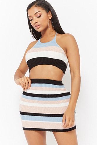 Forever21 Striped Halter Crop Top & Mini Skirt Set