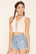 Forever21 Women's  Blush Ribbed Lace-up Crop Top