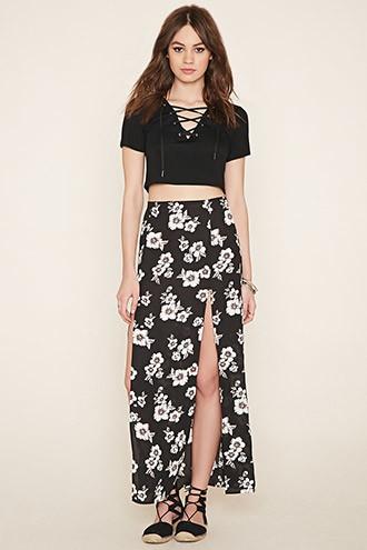 Forever21 Women's  Black & White Floral M-slit Maxi Skirt