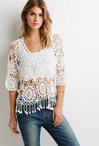 Forever21 Contemporary Pom Pom-trim Macram&eacute; Sweater