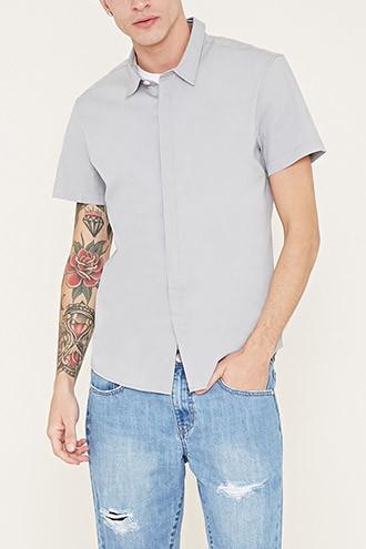 21 Men Men's  Grey Cotton-blend Shirt