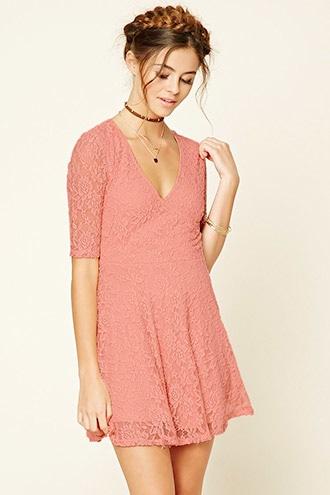 Forever21 Women's  M.pink Floral Lace Surplice Dress