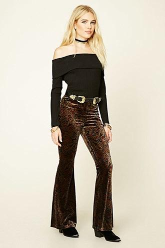 Forever21 Women's  Paisley Velvet Flared Pants