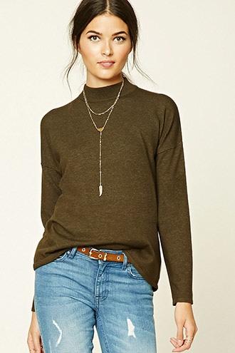 Forever21 Women's  Heather Olive Contemporary High Neck Sweater