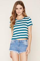 Forever21 Women's  Teal & Cream Striped T-shirt