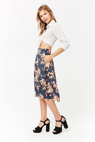 Forever21 Floral Print Pleated Midi Skirt