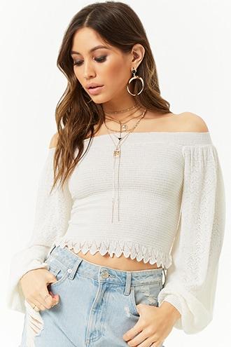Forever21 Balloon-sleeve Open-knit Top