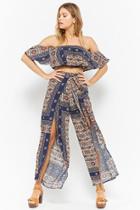 Forever21 Ornate Print Flounce Crop Top & High-waisted Pants Set