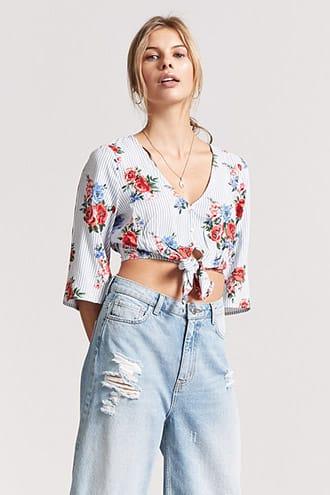 Forever21 Floral Stripe Tie-front Crop Top