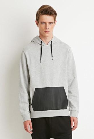 21 Men Men's  Faux Leather Kangaroo Pocket Hoodie (heather Grey/black)