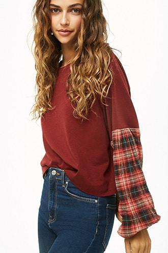 Forever21 Plaid-sleeve High-low Top