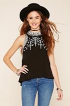 Forever21 Women's  Black & Cream Embroidered Woven Top