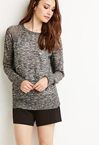 Love21 Women's  Marled Loose-knit Raglan Sweater (black/cream)