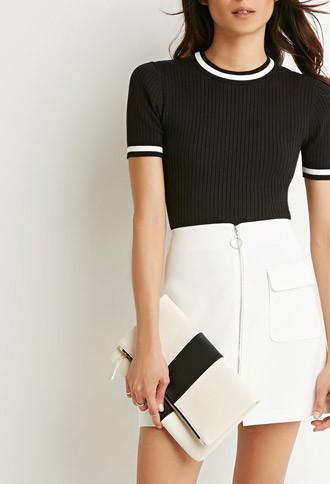 Forever21 Racing Stripe Faux Leather Clutch (cream/black)