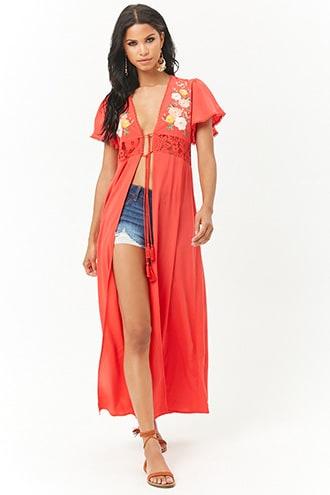 Forever21 Floral Embroidered Duster Kimono