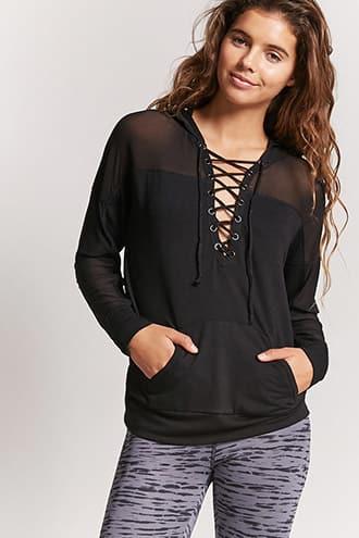 Forever21 Active Mesh-panel Lace-up Hoodie