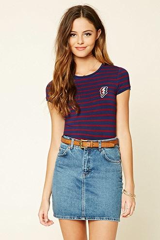 Forever21 Women's Navy & Burgundy Lightning Patch Ringer Tee