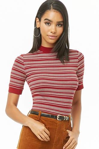 Forever21 Striped Mock-neck Top