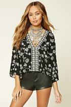 Forever21 Women's  Black & Grey Floral Print Bell-sleeve Top