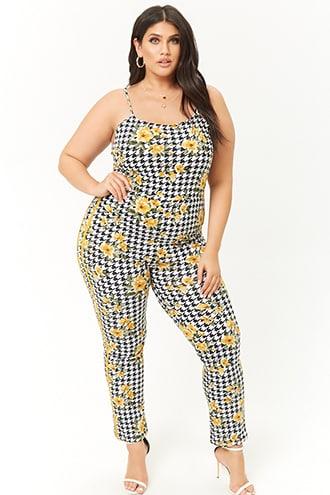 Forever21 Plus Size Floral Houndstooth Cami Jumpsuit