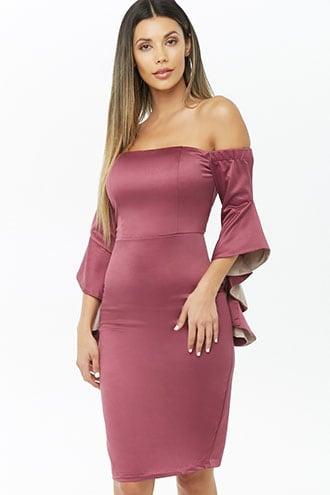 Forever21 Sheeny Off-the-shoulder Ruffle-sleeve Dress