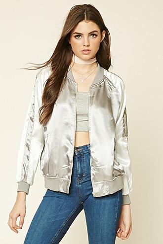 Forever21 Women's  Grey Striped Bomber Jacket