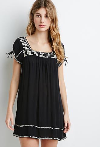 Forever 21 Embroidered Gauze Shift Dress Black/cream Small