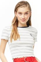 Forever21 Striped Cherry Graphic Lettuce-edge Top