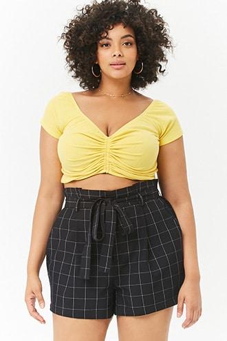 Forever21 Plus Size Grid Print Paperbag Shorts