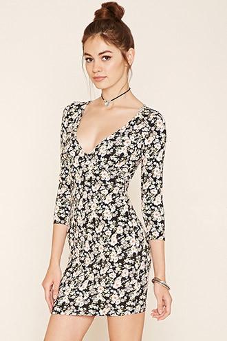 Forever21 Women's Black & Light Pink Floral Print Surplice Dress