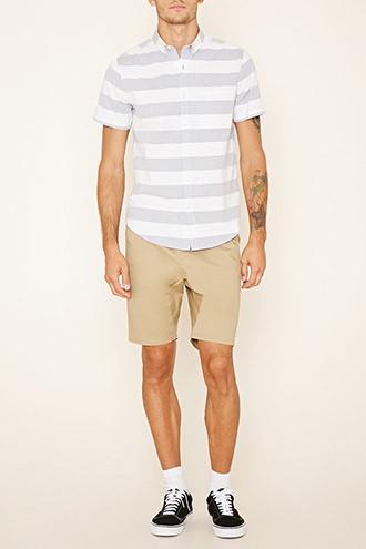 21 Men Men's  White & Grey Striped Pocket Shirt